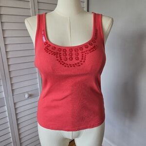 Apostrophe Red Ribbed Cotton Sequin Beaded Tank Top‎ Size L Y2K Retro Festival